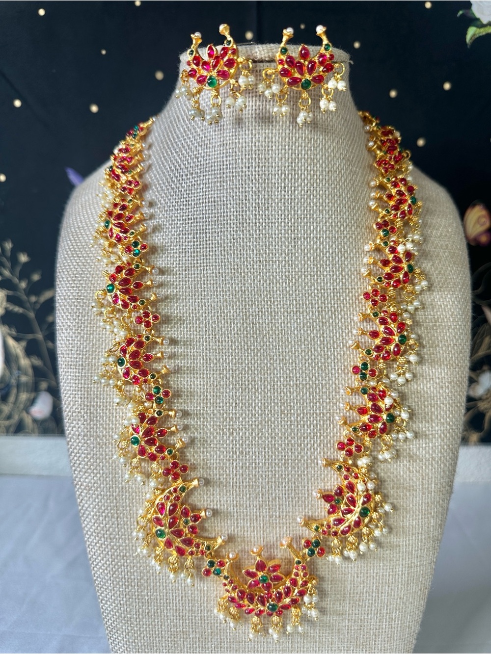 18k Gold-Plated Red & Green Kundan Necklace Set w/faux Pearls for Women